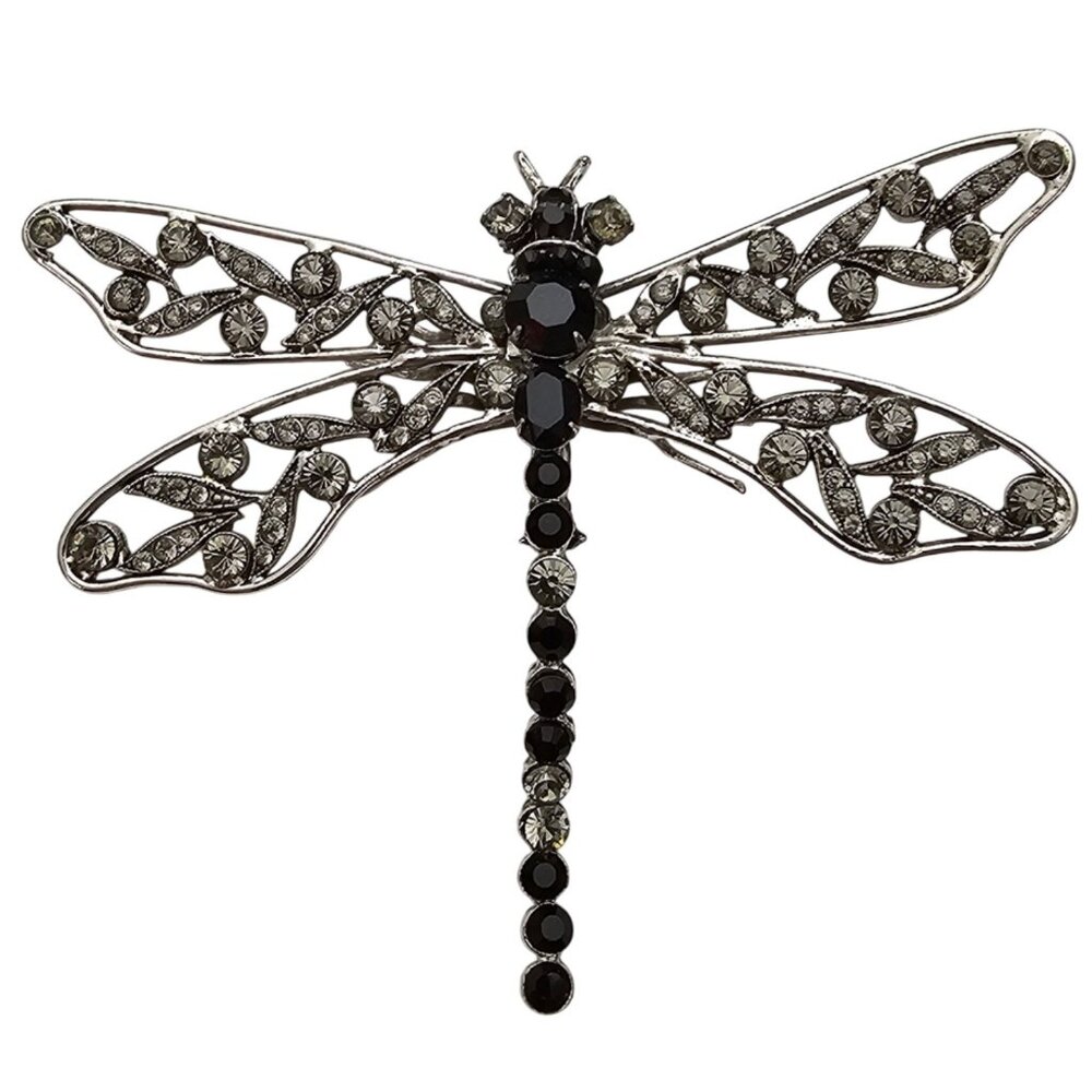 Simon Ju Dragonfly Brooch Black, Smoky Rhinestone Statement Pin Signed J510